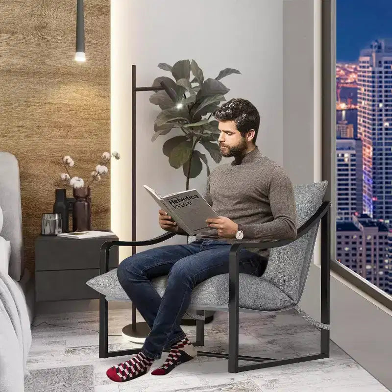 Fauteuil d'appoint moderne, chaise de lecture à structure métallique, accoudoirs, coussin en mousse souple