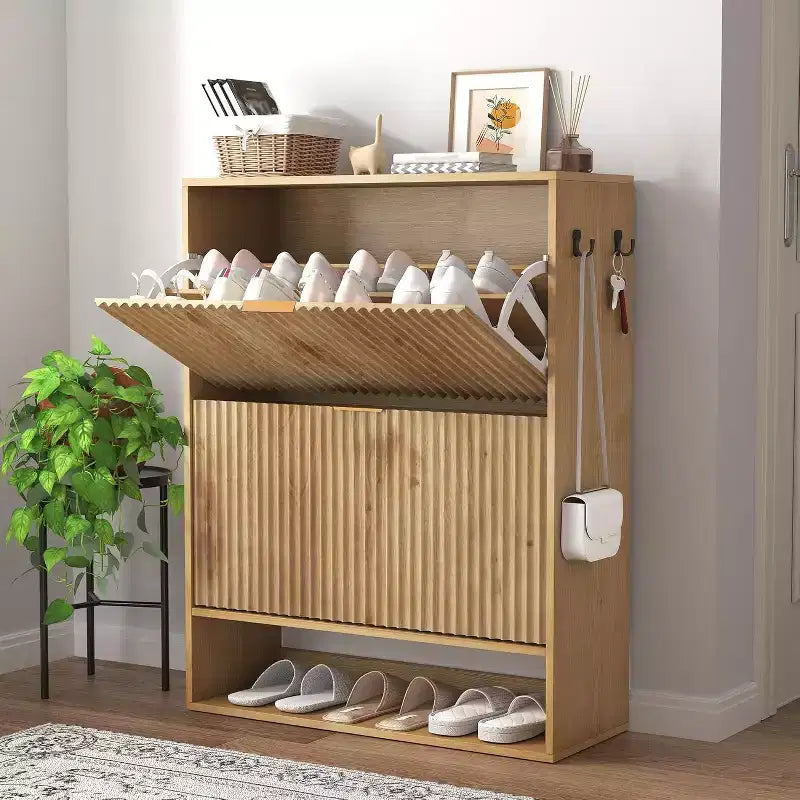 Meuble à chaussures fin et autoportant pour entrée avec 2 tiroirs basculants et étagère inférieure ouverte