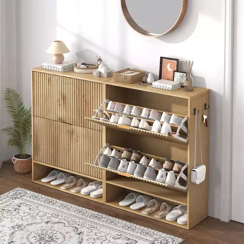 Meuble à chaussures fin et autoportant pour entrée avec 2 tiroirs basculants et étagère inférieure ouverte