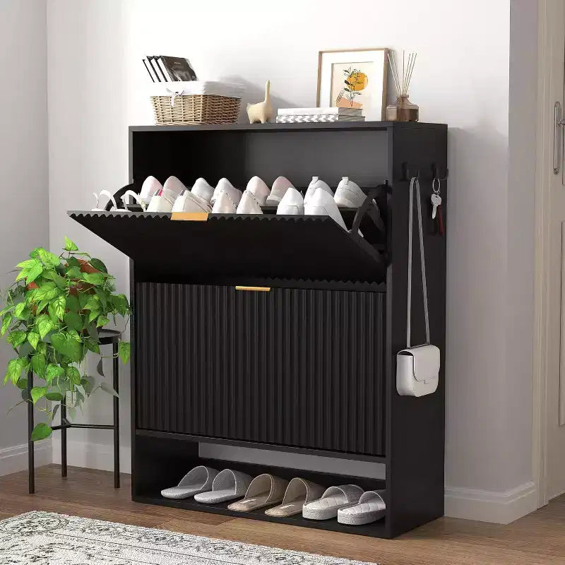 Meuble à chaussures fin et autoportant pour entrée avec 2 tiroirs basculants et étagère inférieure ouverte