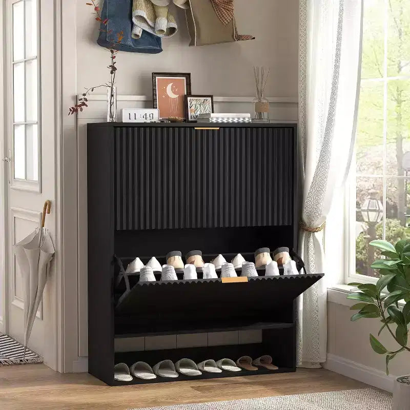 Meuble à chaussures fin et autoportant pour entrée avec 2 tiroirs basculants et étagère inférieure ouverte