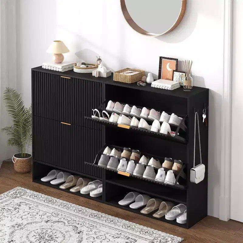 Meuble à chaussures fin et autoportant pour entrée avec 2 tiroirs basculants et étagère inférieure ouverte