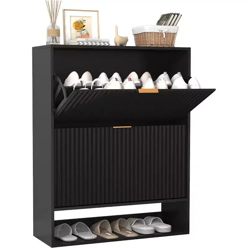 Slim Freestanding Shoe Cabinet for Entryway with 2 Flip Drawers & Open Bottom Shelf, Narrow Fluted Shoe Storage Organizer with Removable Side Hooks