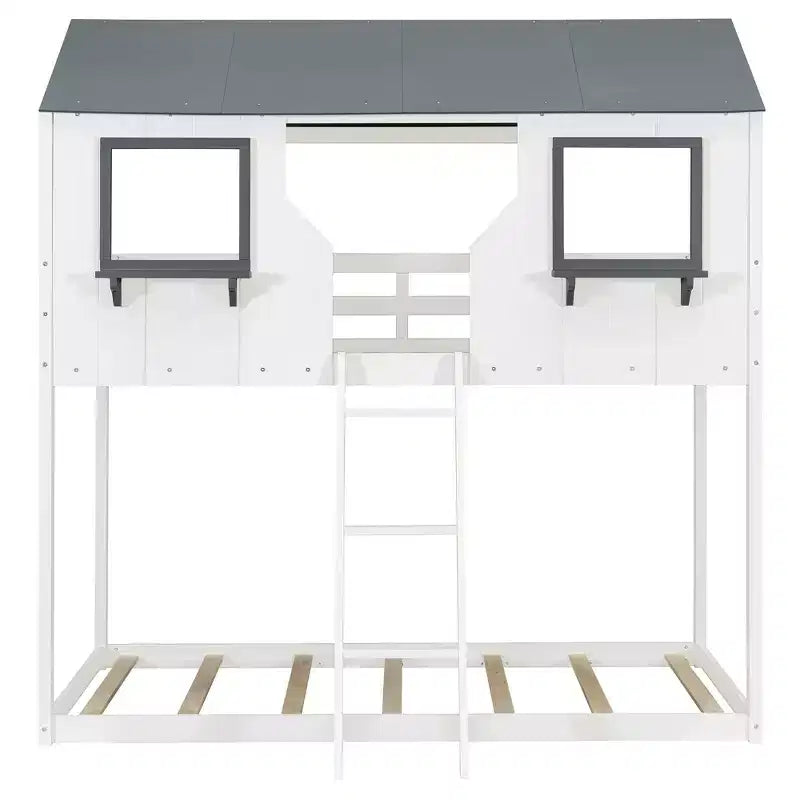Lit superposé maison avec toit et fenêtre pour deux lits jumeaux