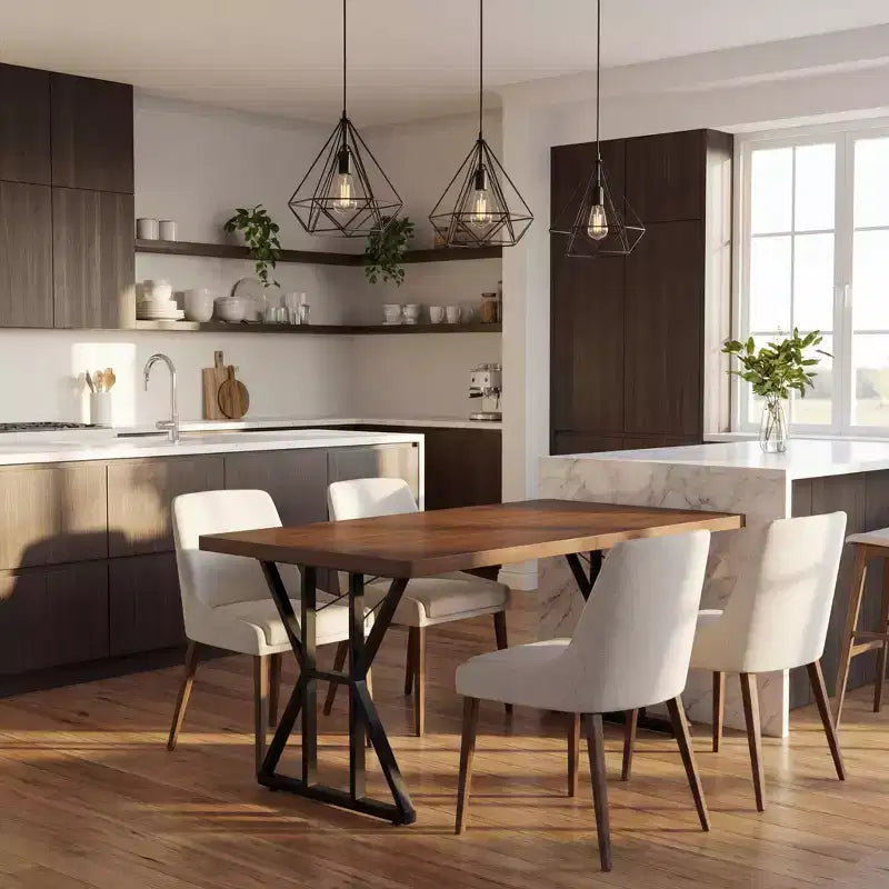 Table à manger industrielle avec plateau effet bois et piètement métallique en forme de X