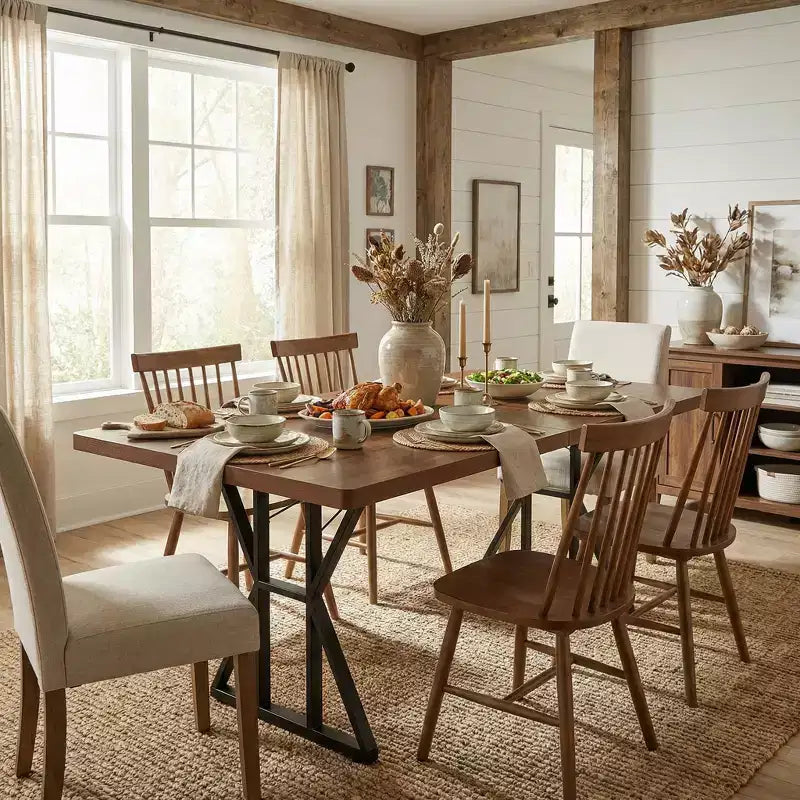 Table à manger industrielle avec plateau effet bois et piètement métallique en forme de X