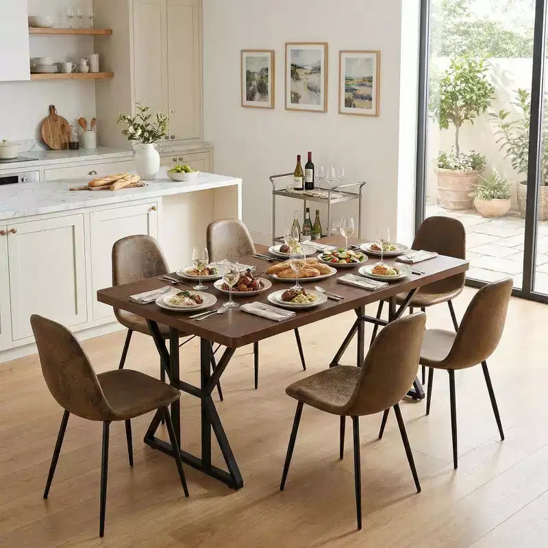 Table à manger industrielle avec plateau effet bois et piètement métallique en forme de X