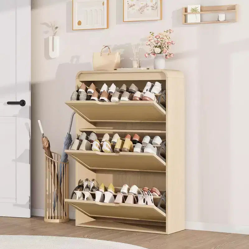 Meuble à chaussures étroit en rotin avec 3 tiroirs basculants, Organisateur de chaussures en bois pour entrée