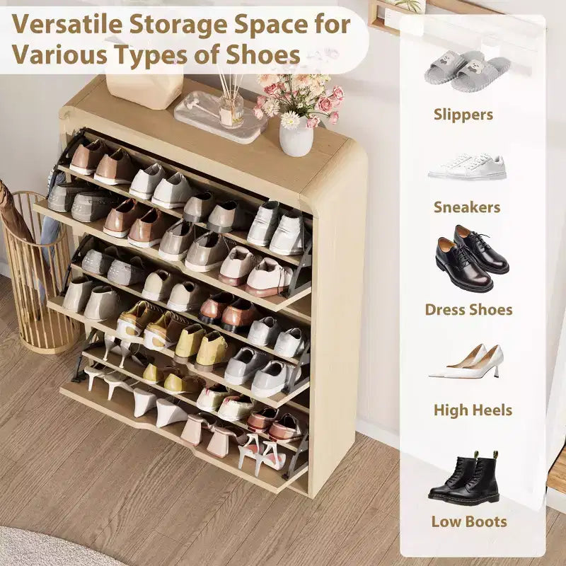 Meuble à chaussures étroit en rotin avec 3 tiroirs basculants, Organisateur de chaussures en bois pour entrée