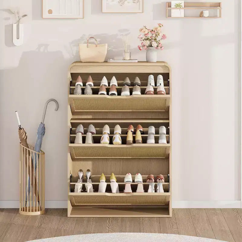 Meuble à chaussures étroit en rotin avec 3 tiroirs basculants, Organisateur de chaussures en bois pour entrée