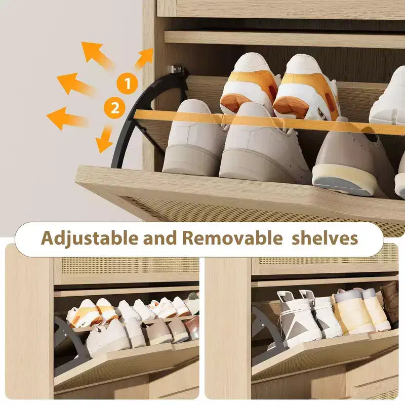 Meuble à chaussures étroit en rotin avec 3 tiroirs basculants, Organisateur de chaussures en bois pour entrée
