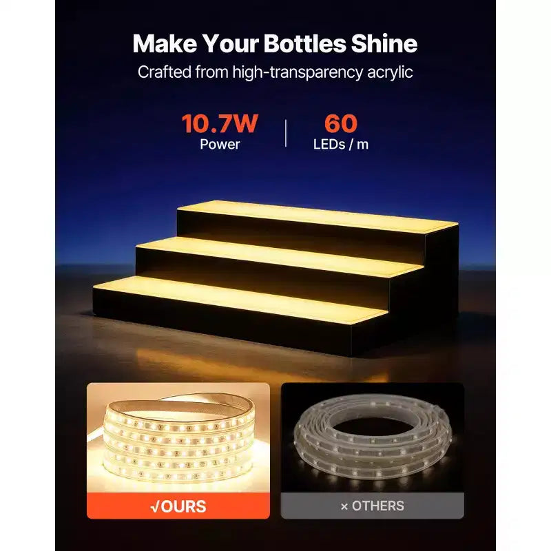 Présentoir à bouteilles lumineux à LED, 3 niveaux 60cm, Compatible USB