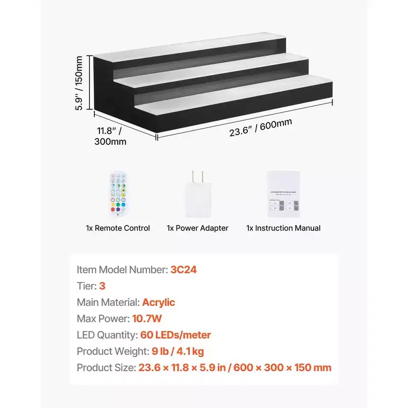 Présentoir à bouteilles lumineux à LED, 3 niveaux 60cm, Compatible USB