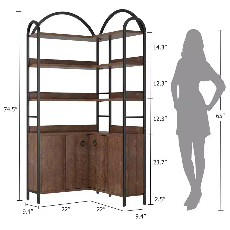 Étagère d'angle avec rangement, Bibliothèque d'angle de 74,5 pouces avec armoire