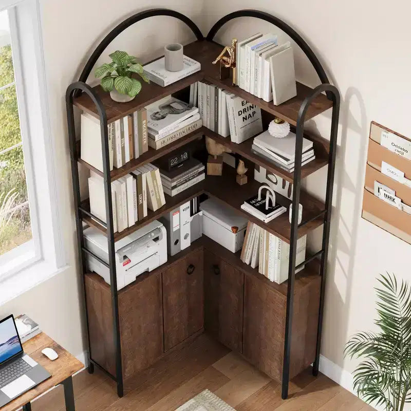 Étagère d'angle avec rangement, Bibliothèque d'angle de 74,5 pouces avec armoire