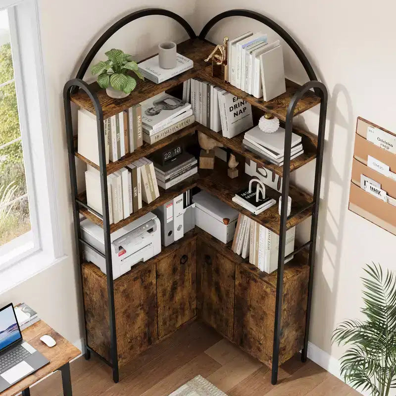 Étagère d'angle avec rangement, Bibliothèque d'angle de 74,5 pouces avec armoire