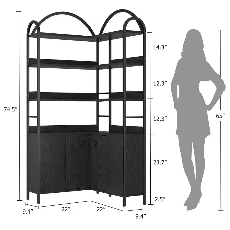 Étagère d'angle avec rangement, Bibliothèque d'angle de 74,5 pouces avec armoire