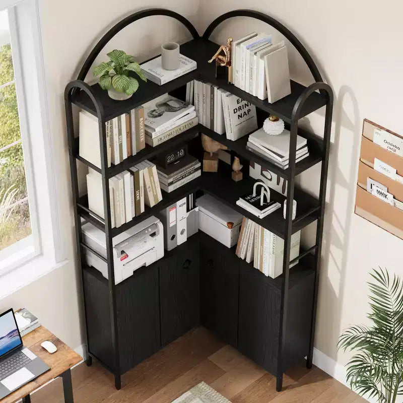 Étagère d'angle avec rangement, Bibliothèque d'angle de 74,5 pouces avec armoire