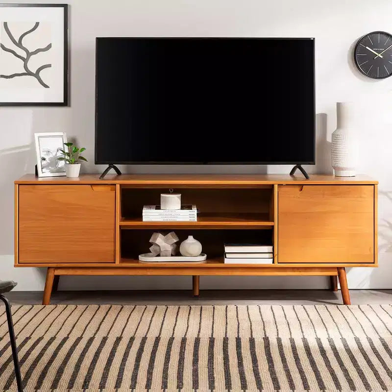 Meuble TV Mid-Century Modern en bois massif pour téléviseurs jusqu'à 80 pouces
