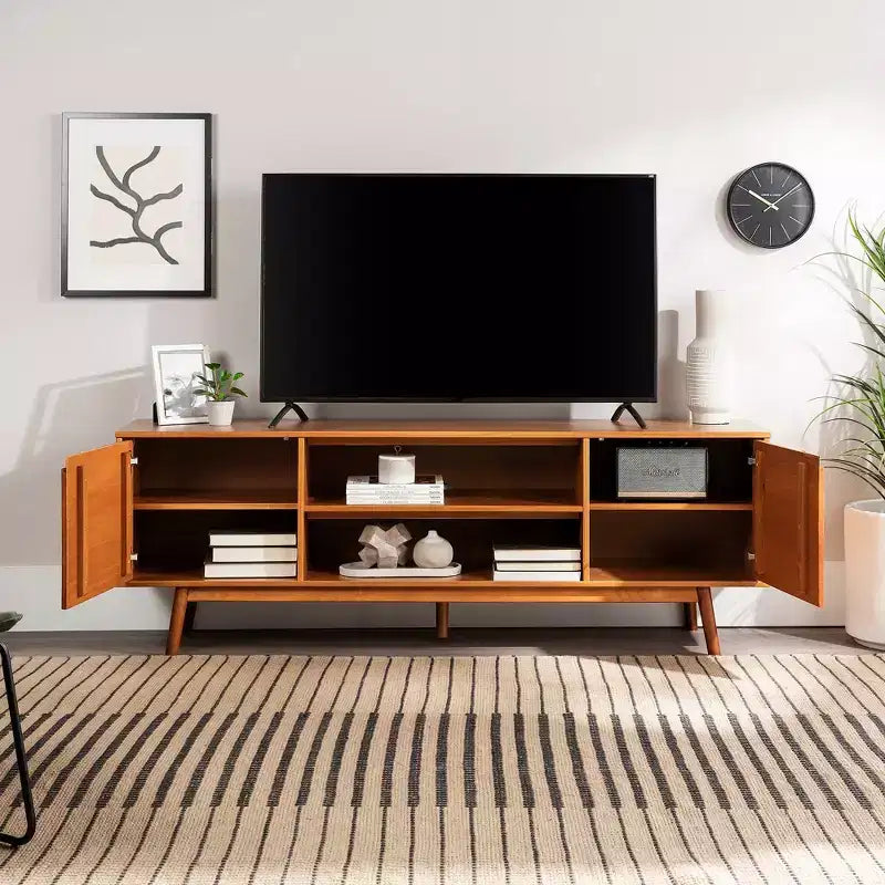 Meuble TV Mid-Century Modern en bois massif pour téléviseurs jusqu'à 80 pouces