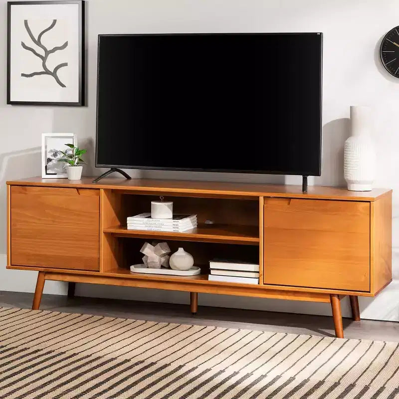 Meuble TV Mid-Century Modern en bois massif pour téléviseurs jusqu'à 80 pouces