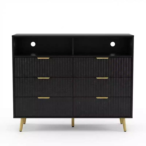 Commode moderne cannelée à 7 tiroirs de 137 cm avec lumières et station de charge, grand chiffonnier avec étagère ouverte et poignées dorées pour chambre à coucher/couloir