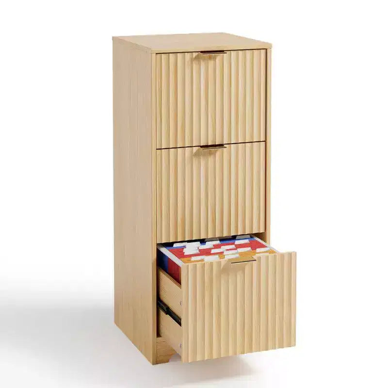 Classeur en bois à 3 tiroirs finition grain de bois design cannelé