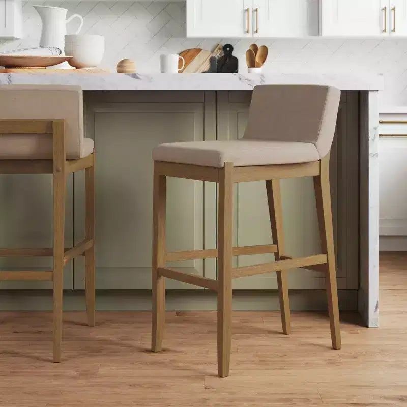Tabouret de bar à hauteur de comptoir en bois rembourré, lin marron clair
