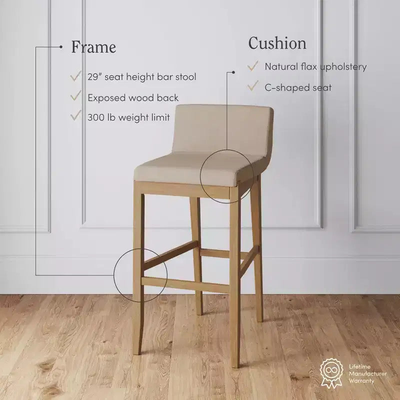 Tabouret de bar à hauteur de comptoir en bois rembourré, lin marron clair