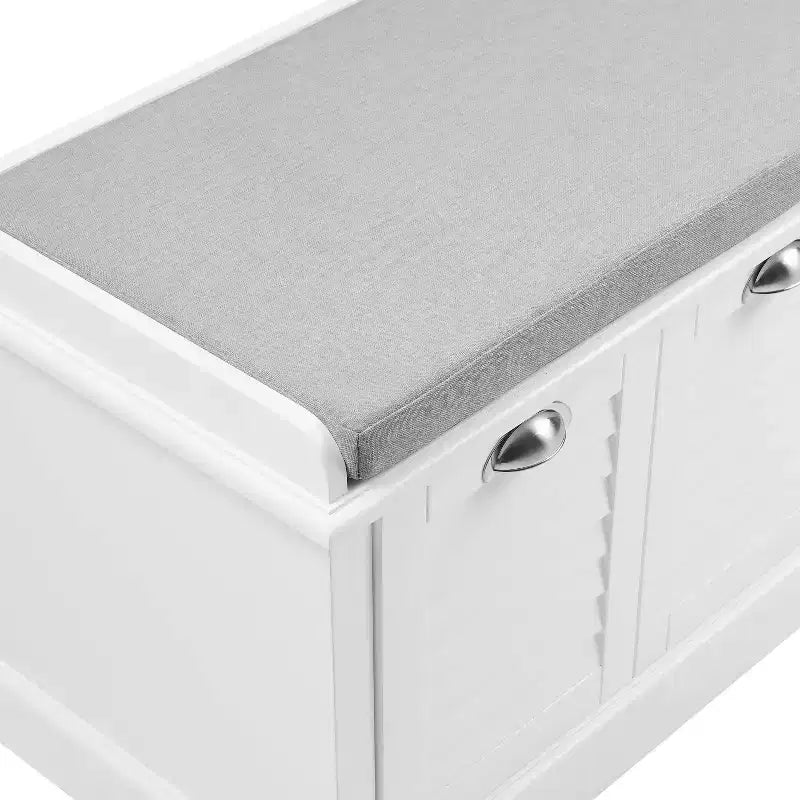 Banc de rangement d'entrée blanc/gris rembourré avec compartiment à chaussures