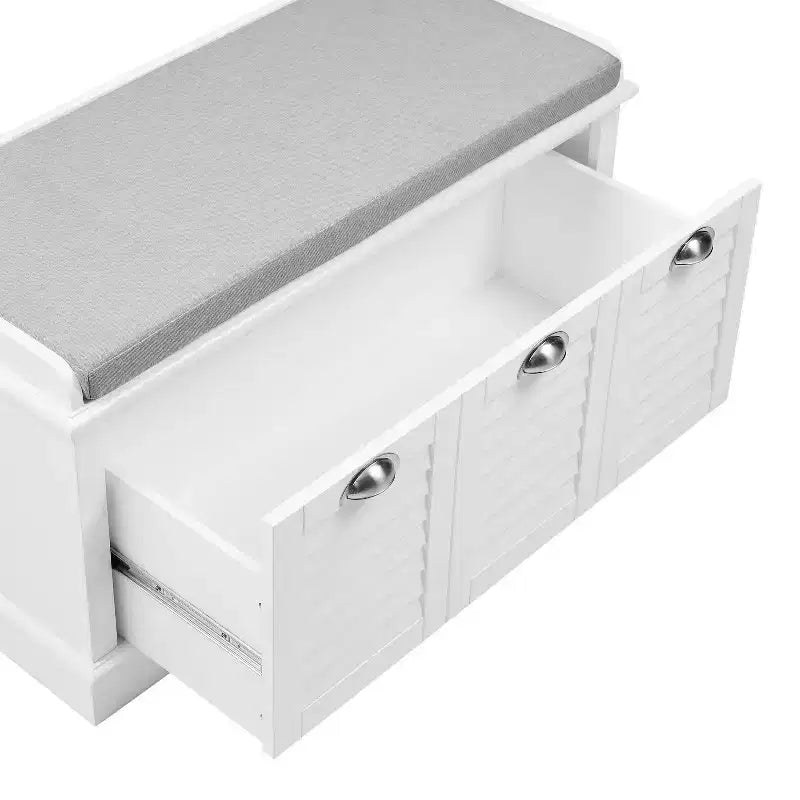 Banc de rangement d'entrée blanc/gris rembourré avec compartiment à chaussures