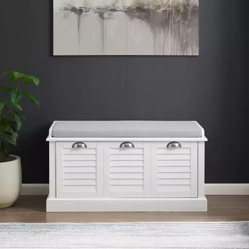Banc de rangement d'entrée blanc/gris rembourré avec compartiment à chaussures