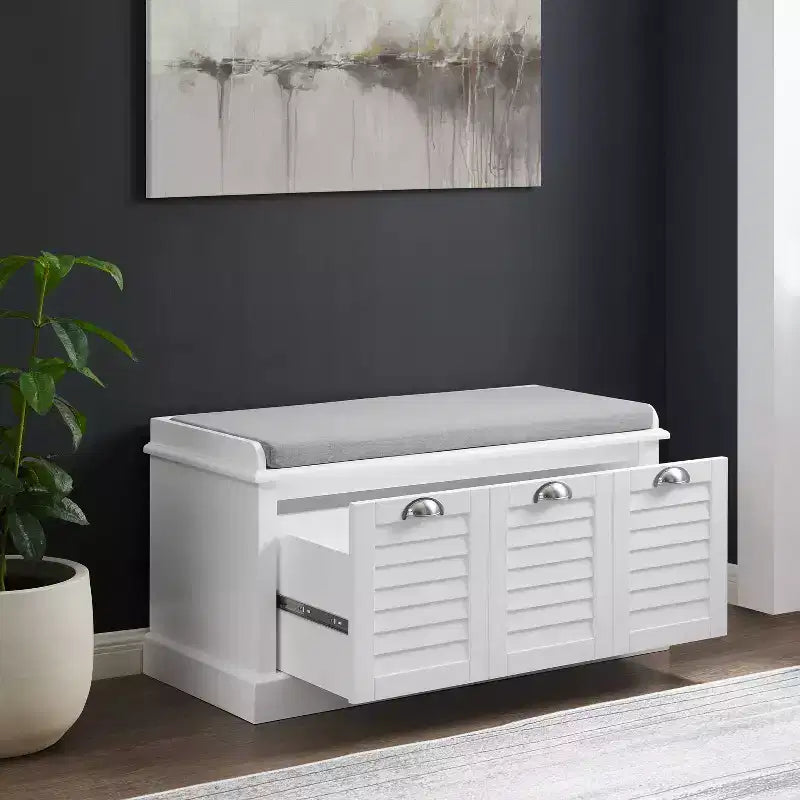 Banc de rangement d'entrée blanc/gris rembourré avec compartiment à chaussures