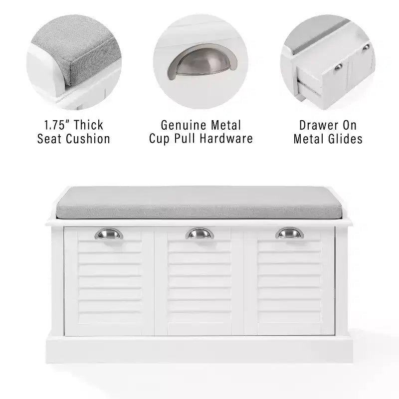 Banc de rangement d'entrée blanc/gris rembourré avec compartiment à chaussures