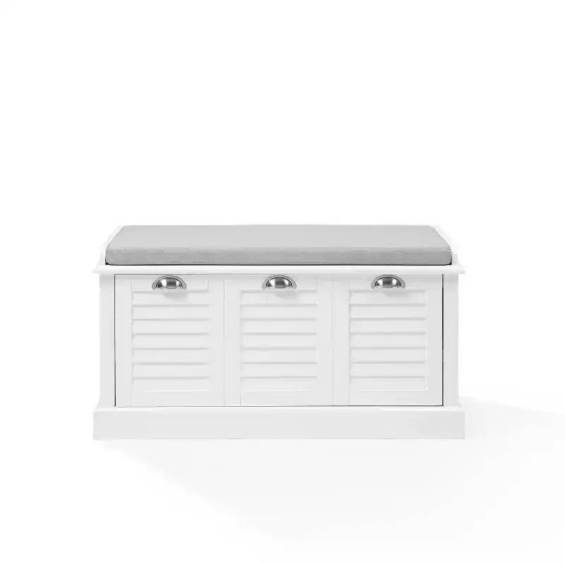 Banc de rangement d'entrée blanc/gris rembourré avec compartiment à chaussures