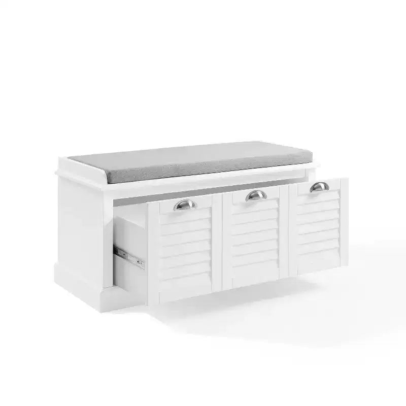 Banc de rangement d'entrée blanc/gris rembourré avec compartiment à chaussures